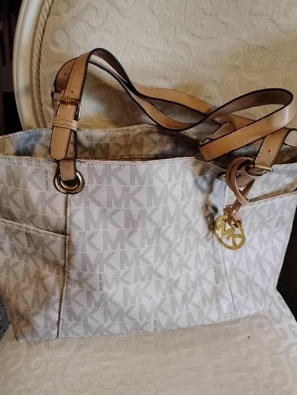 Michael Kors Cream/Beige MK Logo Tote with Tan Leather Trim